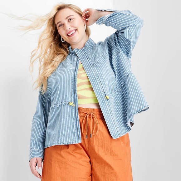 Future Collective™ with Gabriella Karefa-Johnson Peplum denim jacket Striped L - Picture 2 of 9